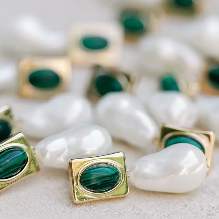 Vintage Square Malachite and Natural Pearl Drop Earrings