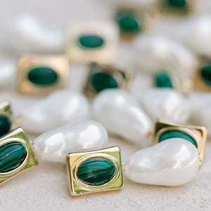Vintage Square Malachite and Natural Pearl Drop Earrings