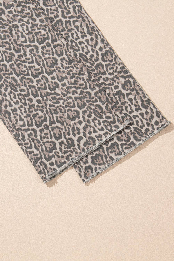 Brown Leopard Frayed Edge Wide Leg High Waist Jeans