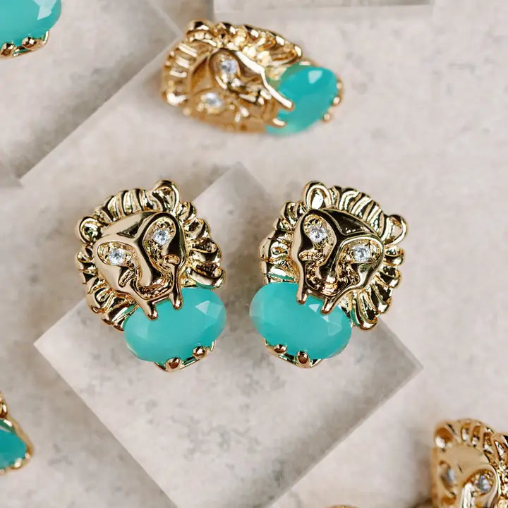 Turquoise and Gold Lion Studs