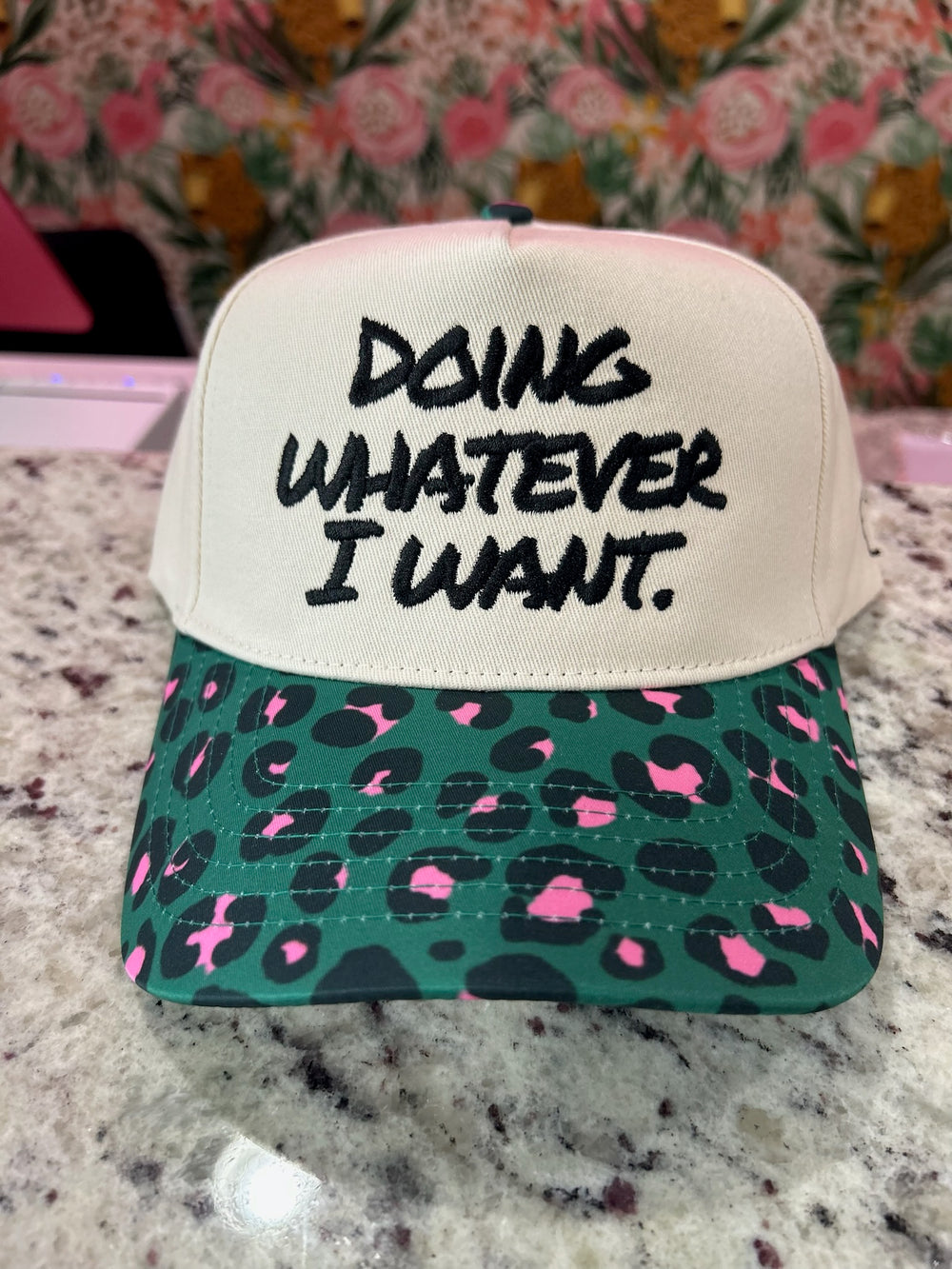 Doing Whatever I Want Trucker Hat – Teal, Pink & Black Leopard Print