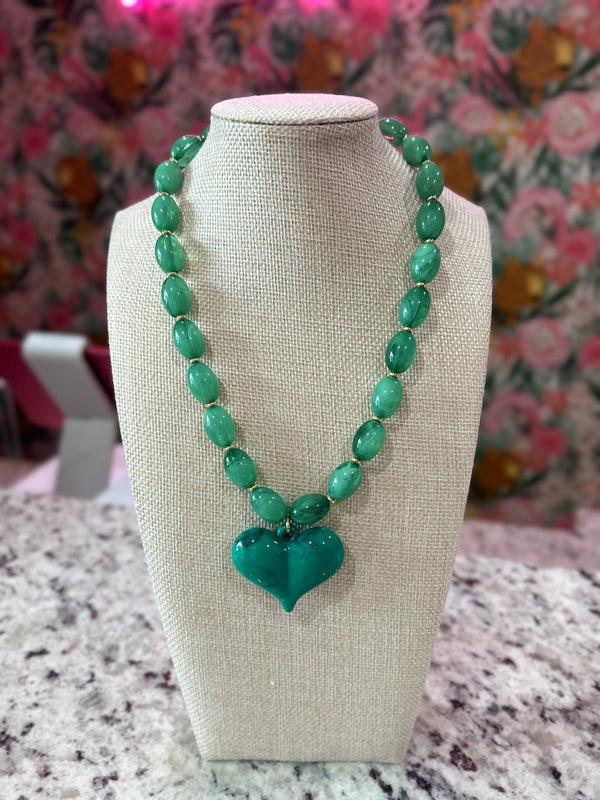 Roxie Necklace – Green Beaded with Heart Charm