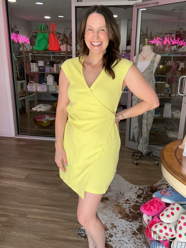 Lemon Glow Wrap Mini Dress
