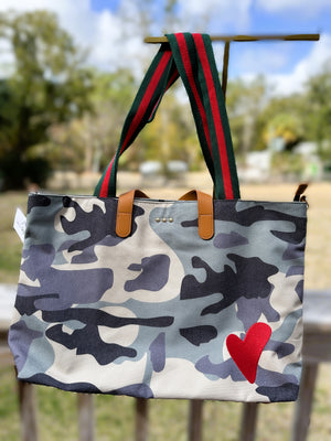 The Chelsie Canvas Tote – Camo with Red Heart
