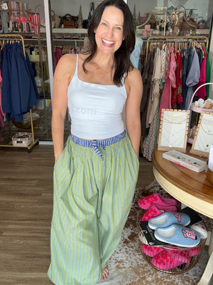Green Stripe Wide-Leg Trousers