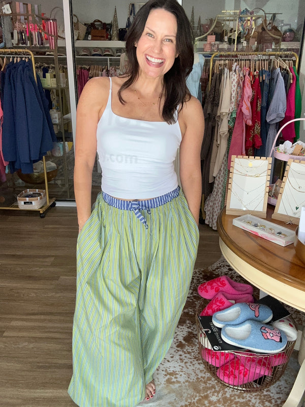 Green Stripe Wide-Leg Trousers