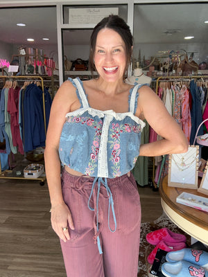 Denim & Lace Ruffle Crop Top