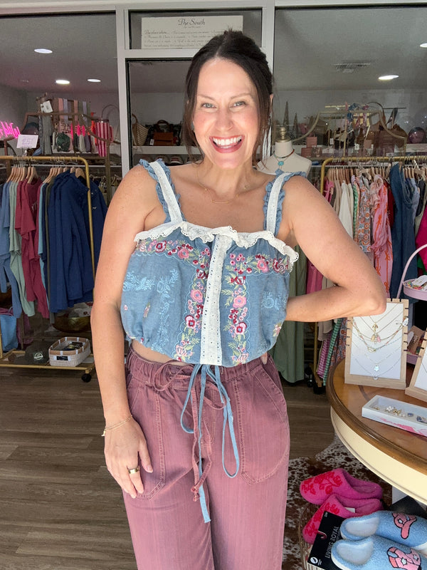 Denim & Lace Ruffle Crop Top