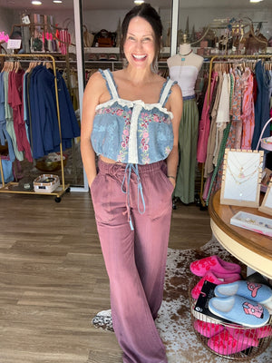 Denim & Lace Ruffle Crop Top