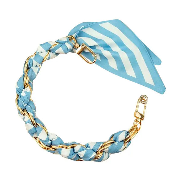 Gold Phone Chain with Scarf Blue and White Stripe - Short