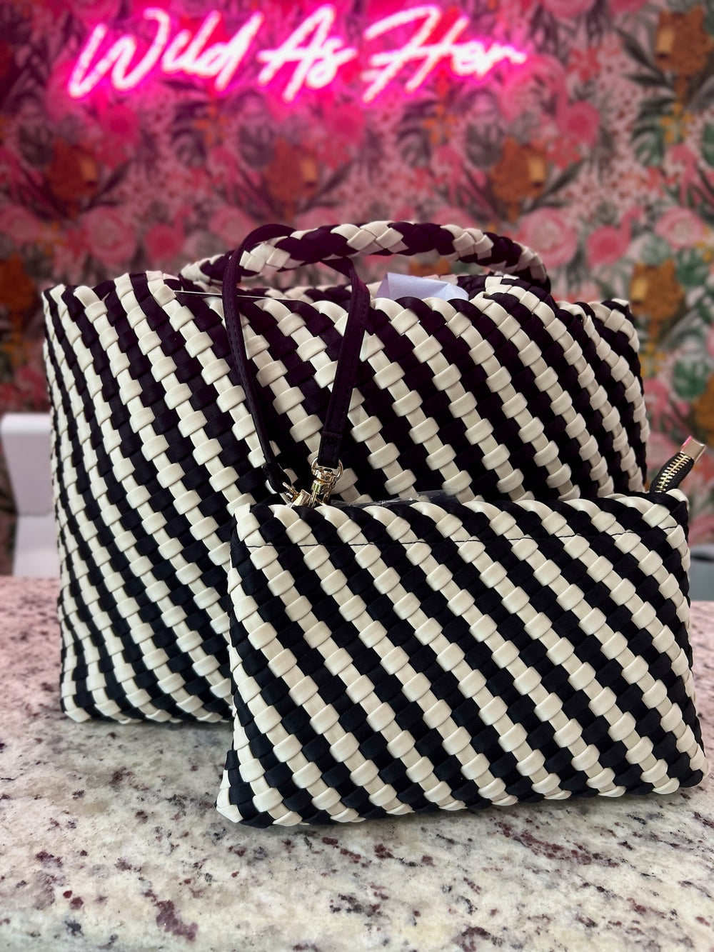 Lily Woven Neoprene Tote with Pouch – Black & Ecru