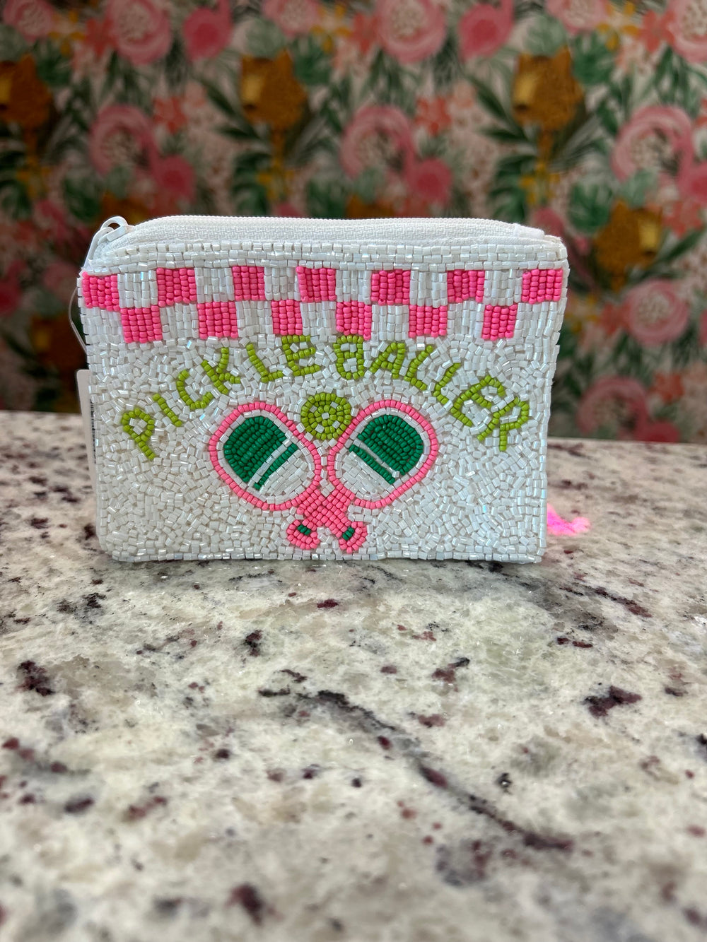 PICKLE BALLER Beaded Coin Pouch – White with Fuchsia & Green Accents