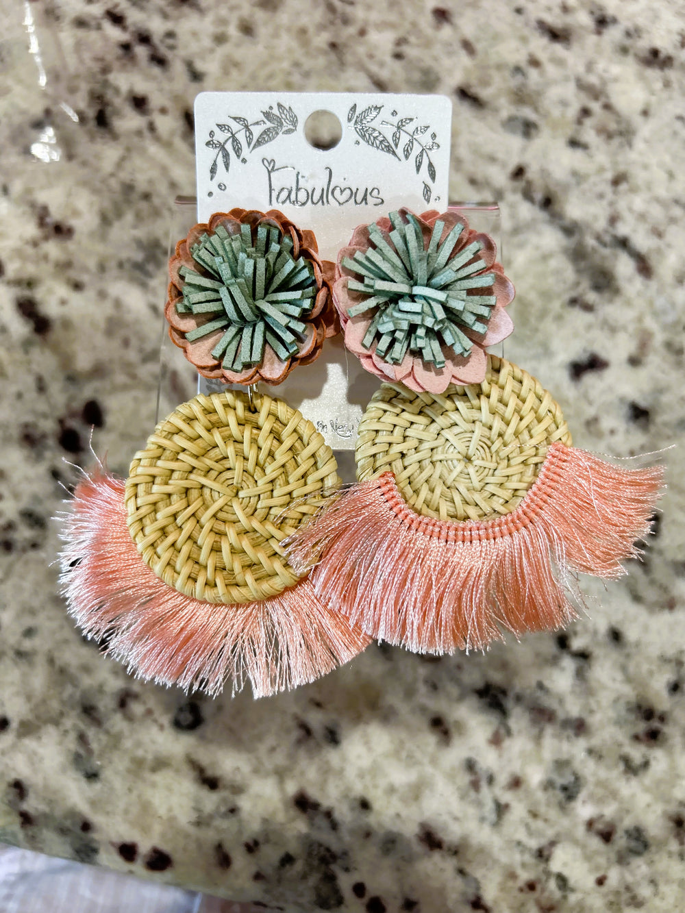 Flower & Woven Raffia Earrings – Blush & Green