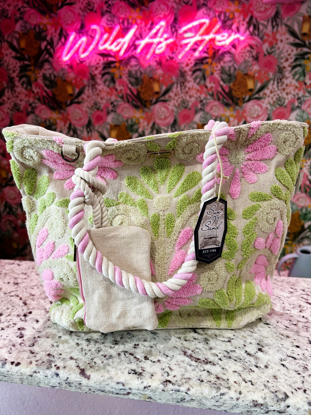 Green & Pink Vintage Motif Shoulder Tote