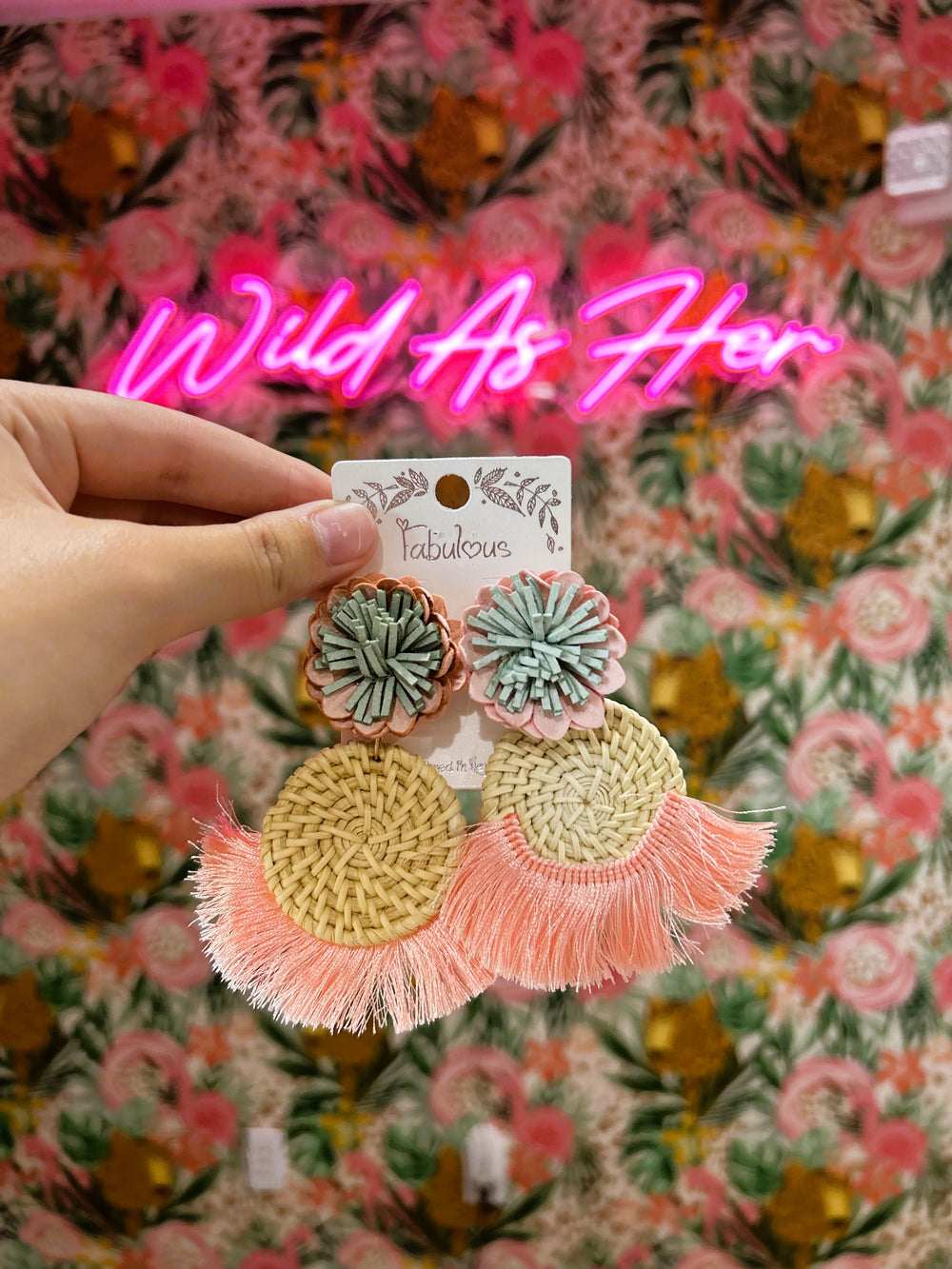 Flower & Woven Raffia Earrings – Blush & Green