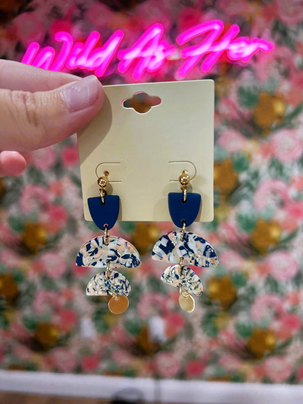 Half Moon Disk Dangle Earrings – Navy/Multi with Gold