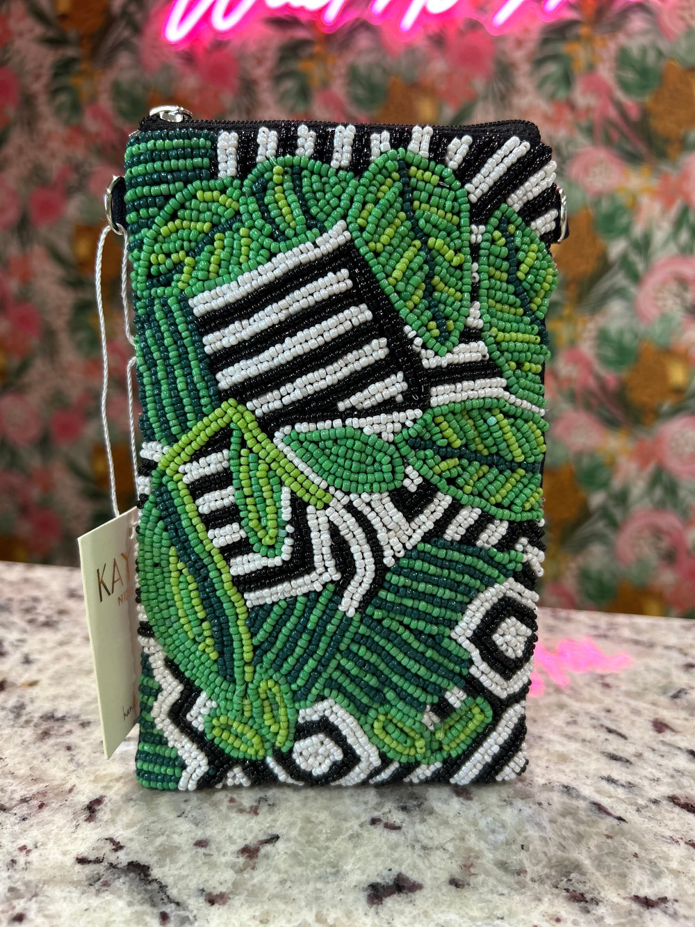 GREEN LEAF Beaded Cell Phone Crossbody