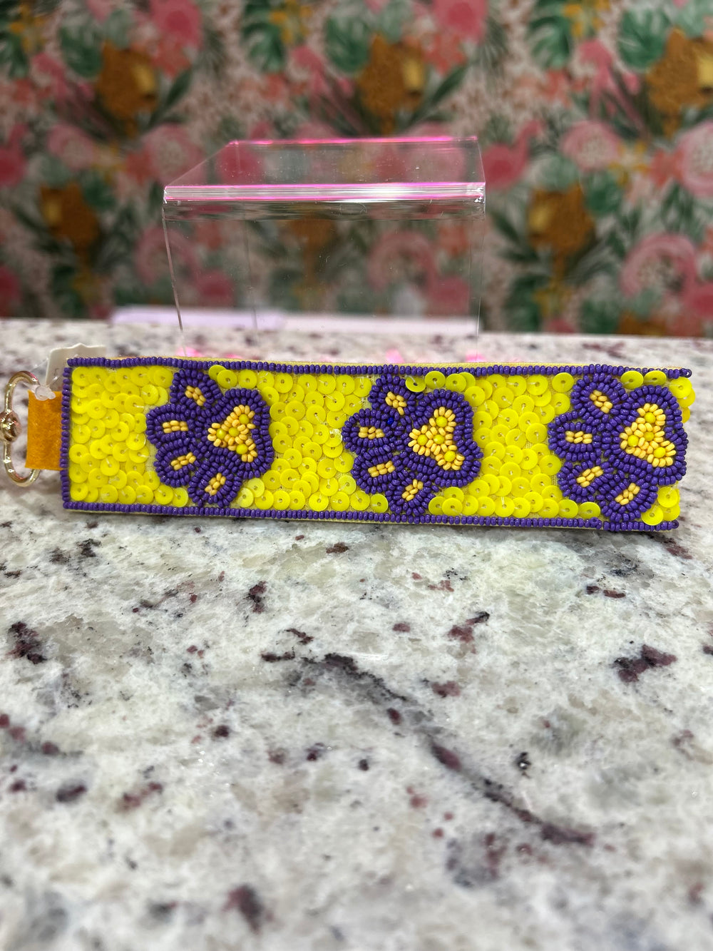 Beaded Strap Keychain – Purple & Gold Leopard Paws