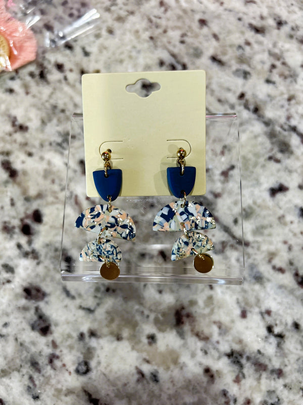 Half Moon Disk Dangle Earrings – Navy/Multi with Gold