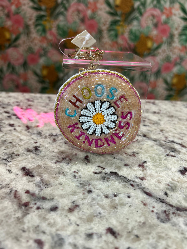 CHOOSE KINDNESS Beaded Keychain – Multicolor with White Flower