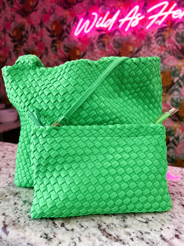 Lily Woven Neoprene Tote with Pouch – Neon Green