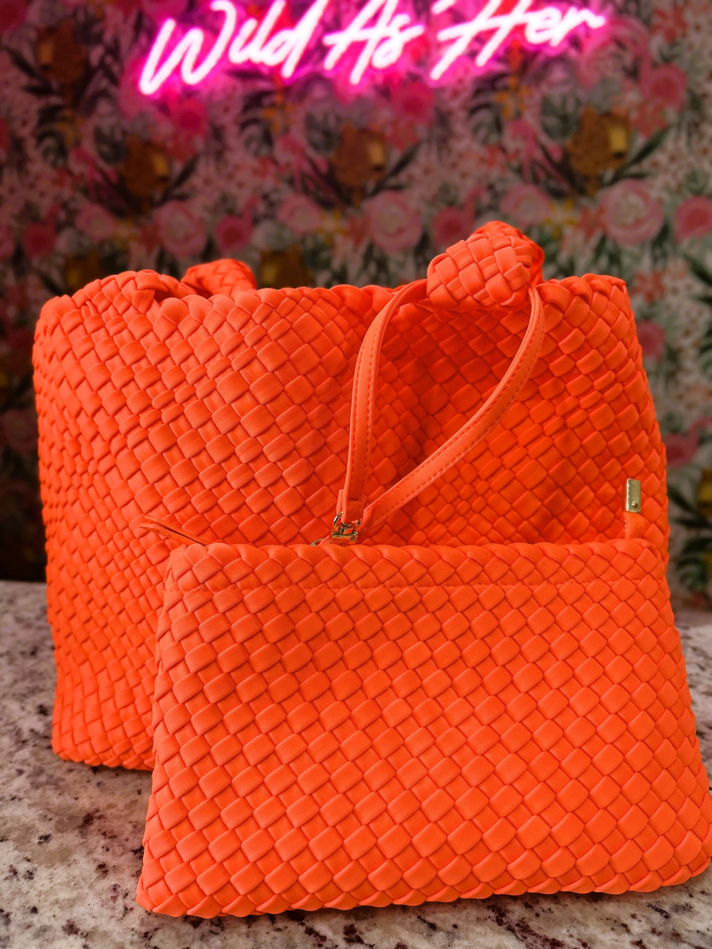 Lily Woven Neoprene Tote with Pouch – Neon Orange