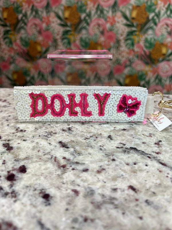 DOLLY Beaded Strap Keychain – White Sequins & Pink Beads