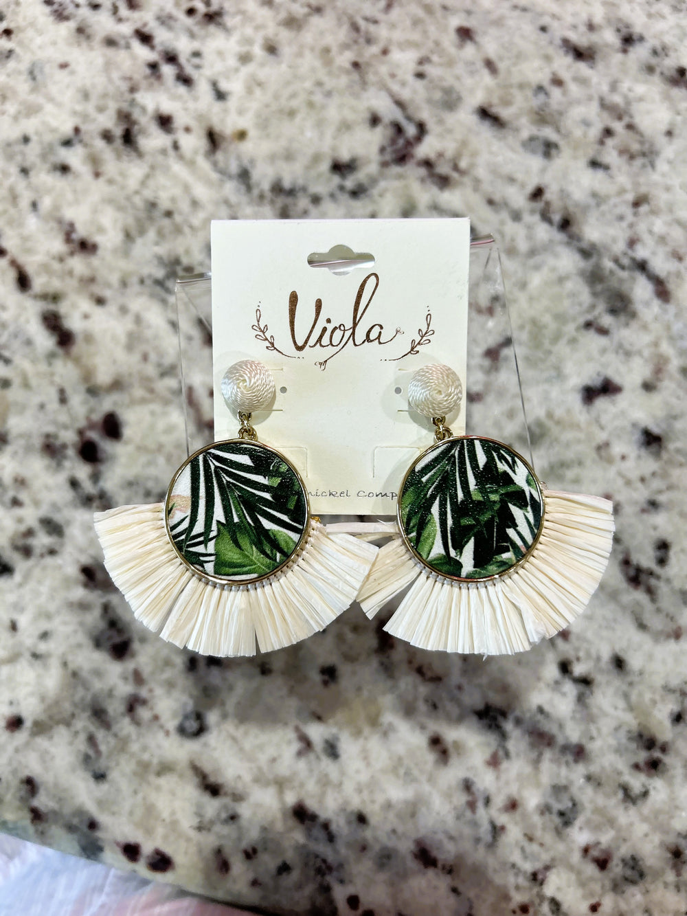 Tropical Leather & Raffia Earrings – Ivory/Green/Natural with Gold