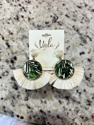 Tropical Leather & Raffia Earrings – Ivory/Green/Natural with Gold