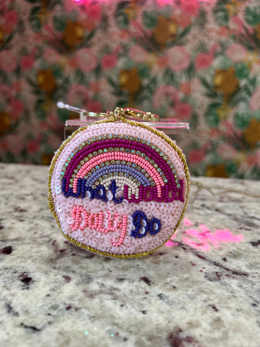 WHAT WOULD DOLLY DO Keychain – Pink Beaded Multi-Rainbow with Gold