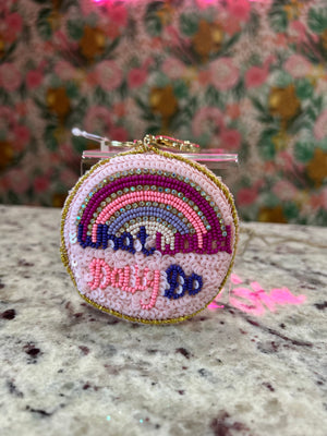 WHAT WOULD DOLLY DO Keychain – Pink Beaded Multi-Rainbow with Gold