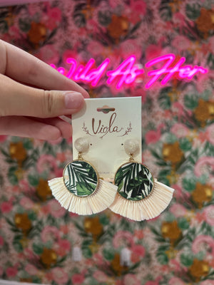 Tropical Leather & Raffia Earrings – Ivory/Green/Natural with Gold