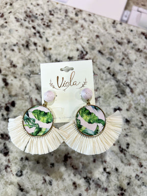 Tropical Leather & Raffia Earrings – Pink/Green/Natural with Gold