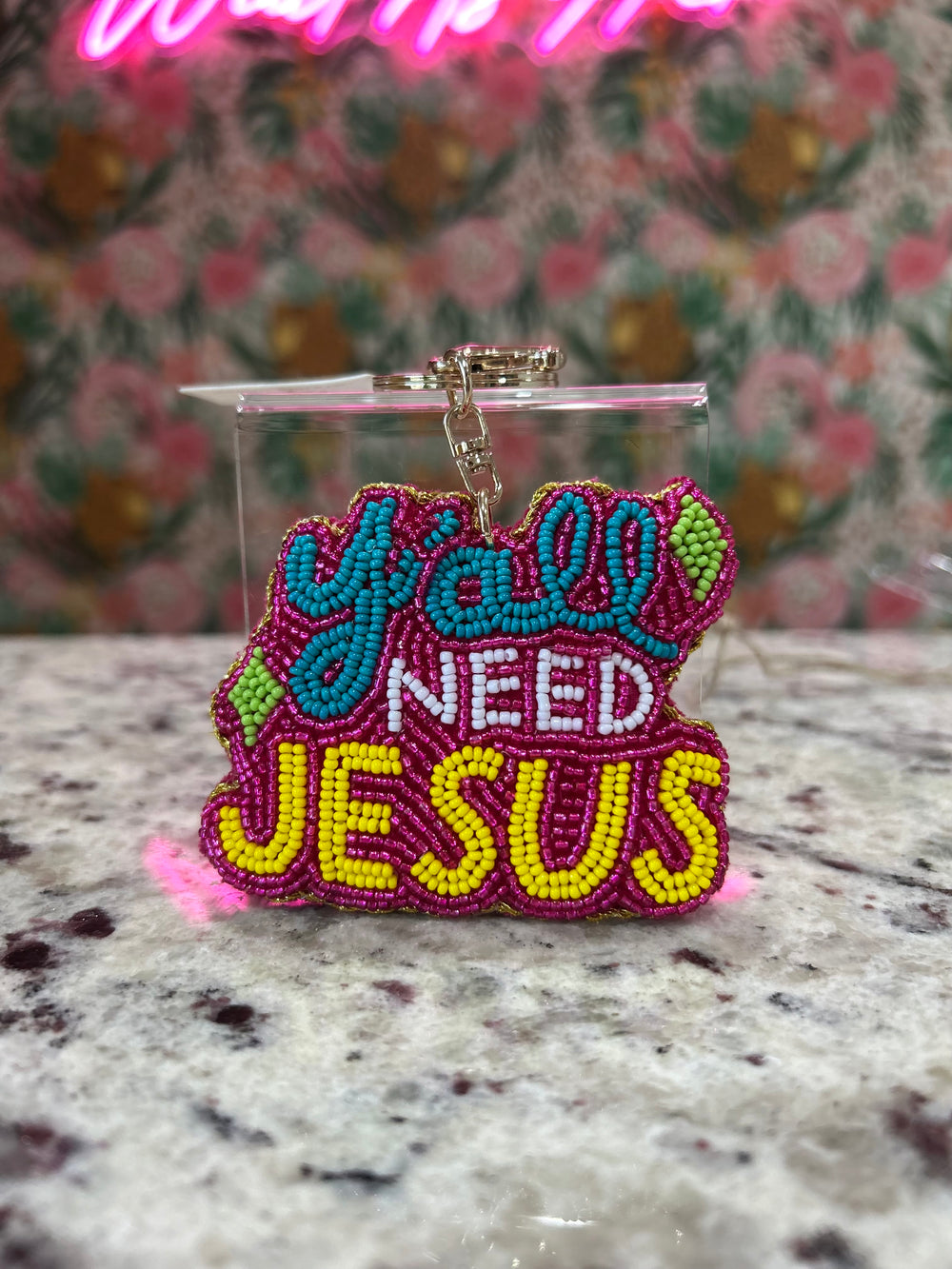 Y’ALL NEED JESUS Keychain – Pink Beaded Multi-Color