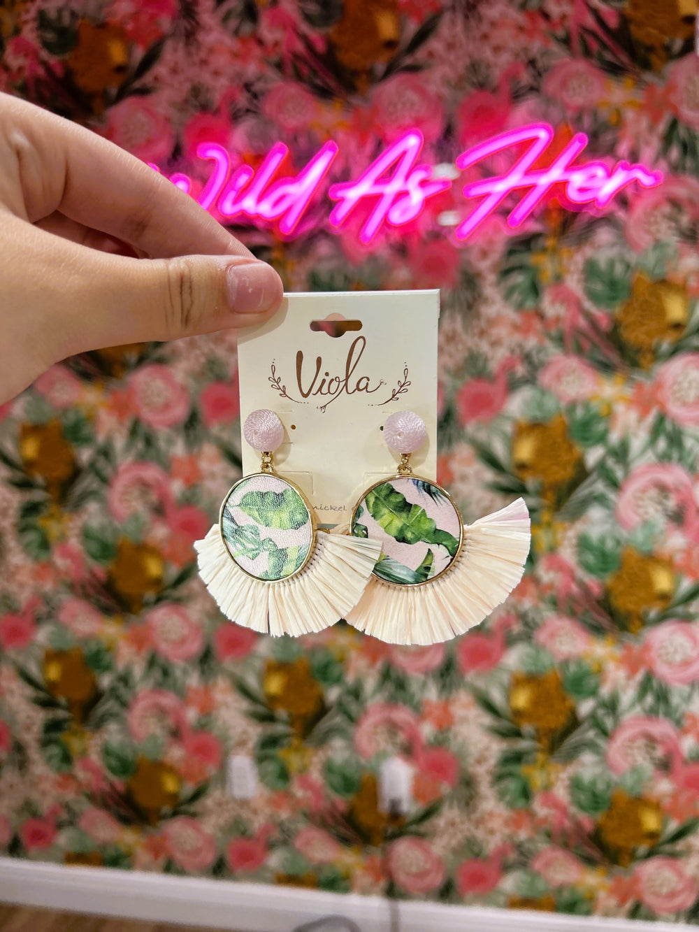 Tropical Leather & Raffia Earrings – Pink/Green/Natural with Gold