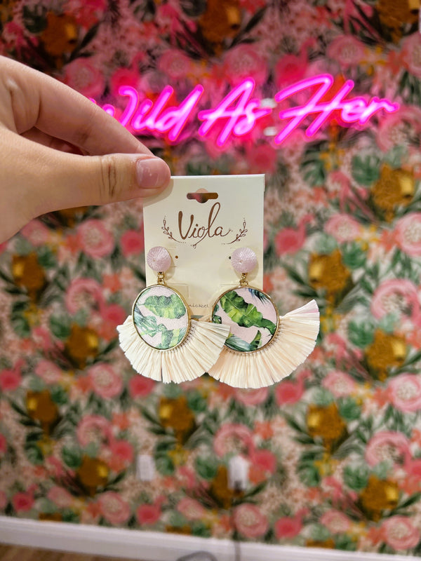 Tropical Leather & Raffia Earrings – Pink/Green/Natural with Gold