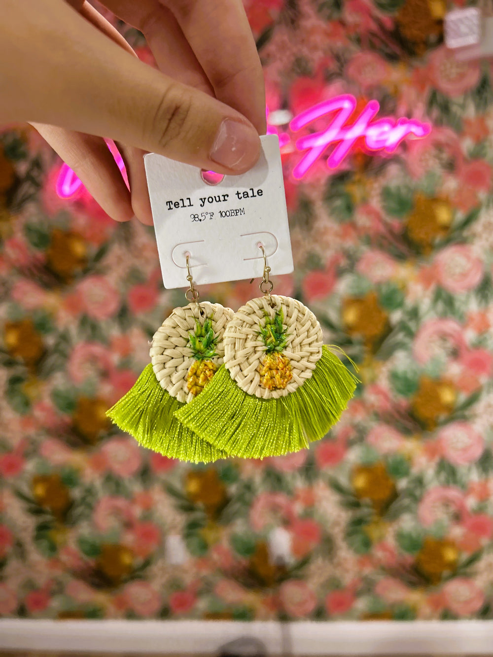 Pineapple Rattan Fan Earrings – Lime Green & Beige