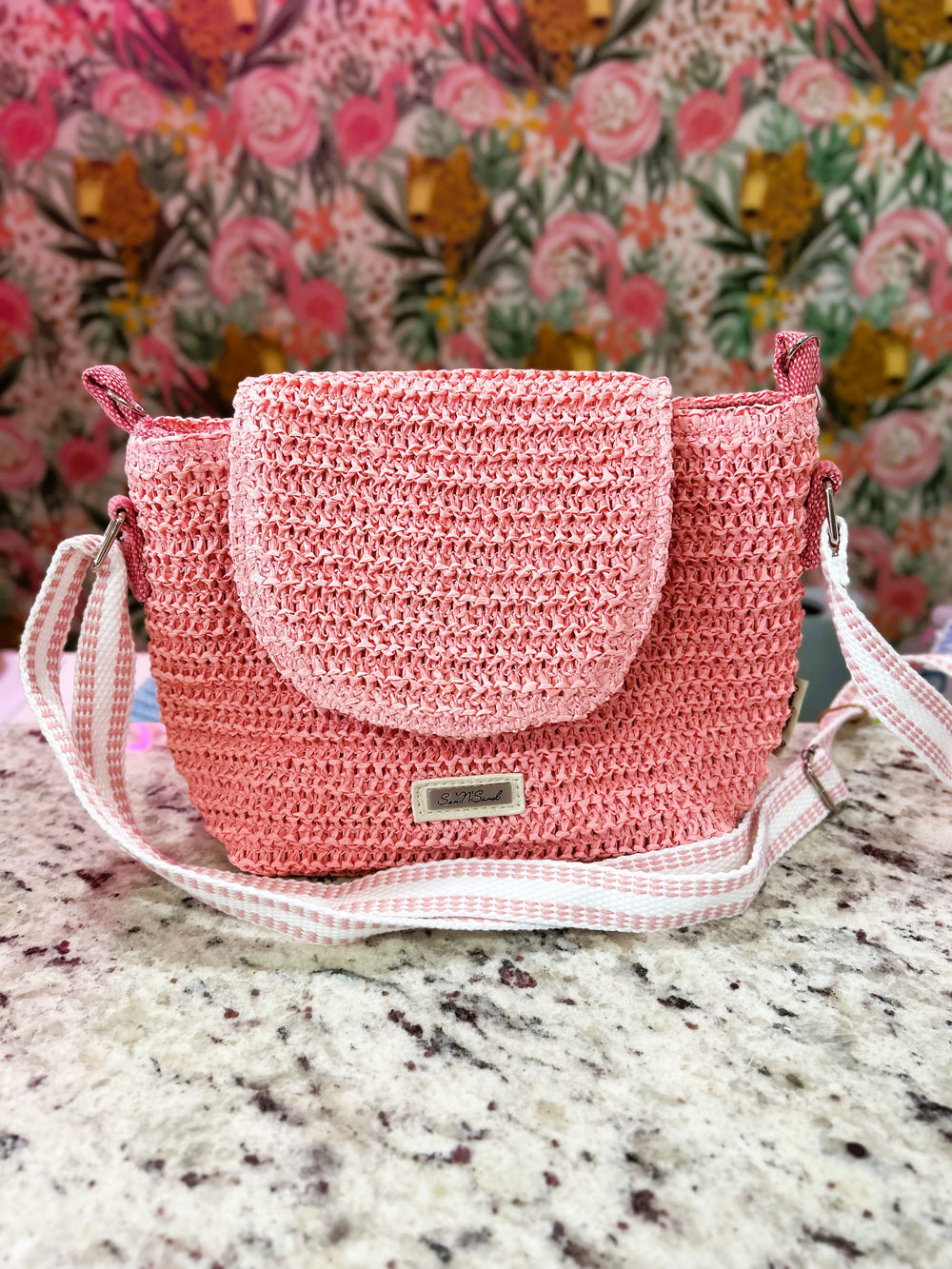 Pink Crochet Crossbody – Natural with Magnetic Snap