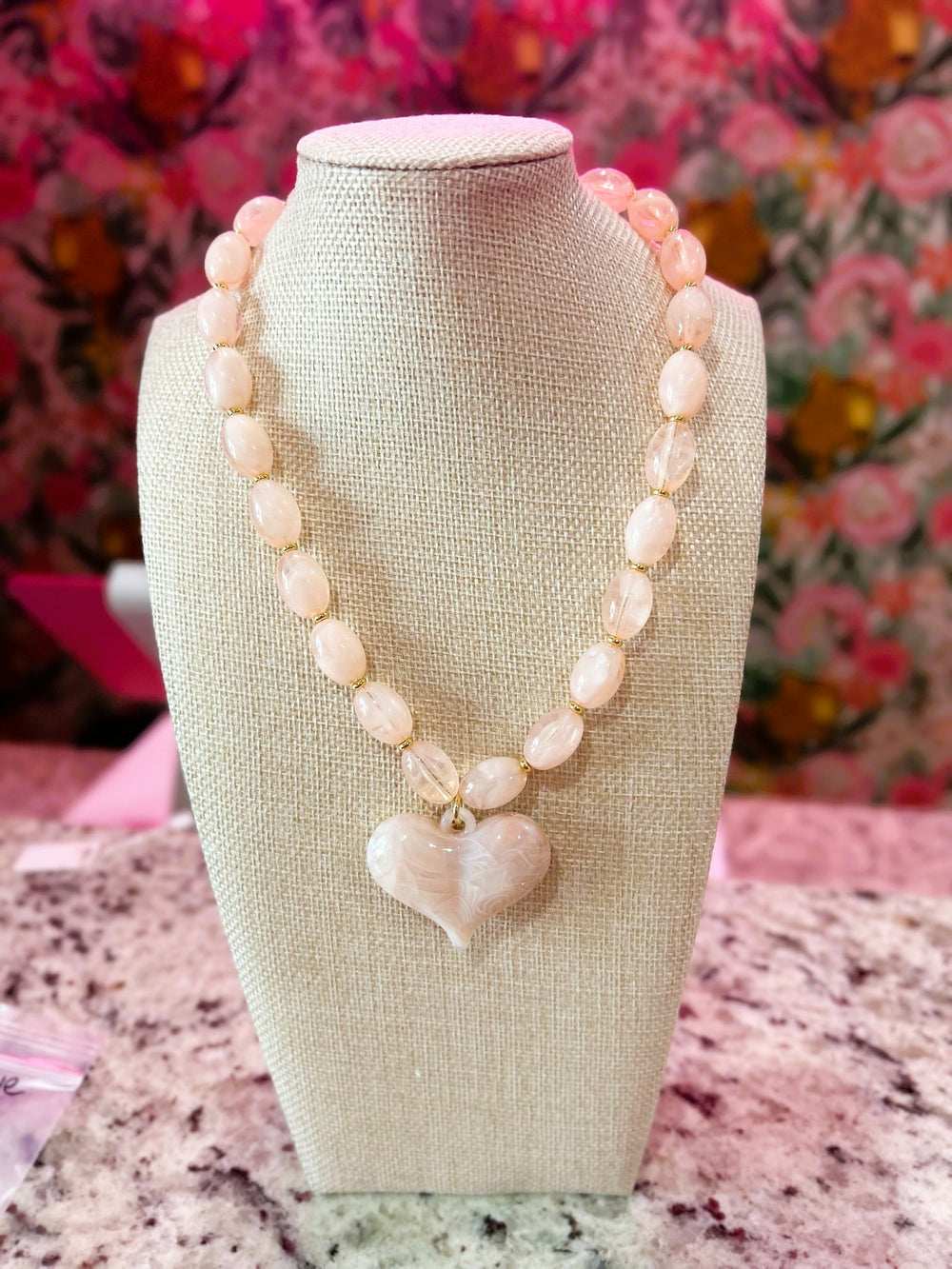 Roxie Pink Beaded Necklace with Heart Charm