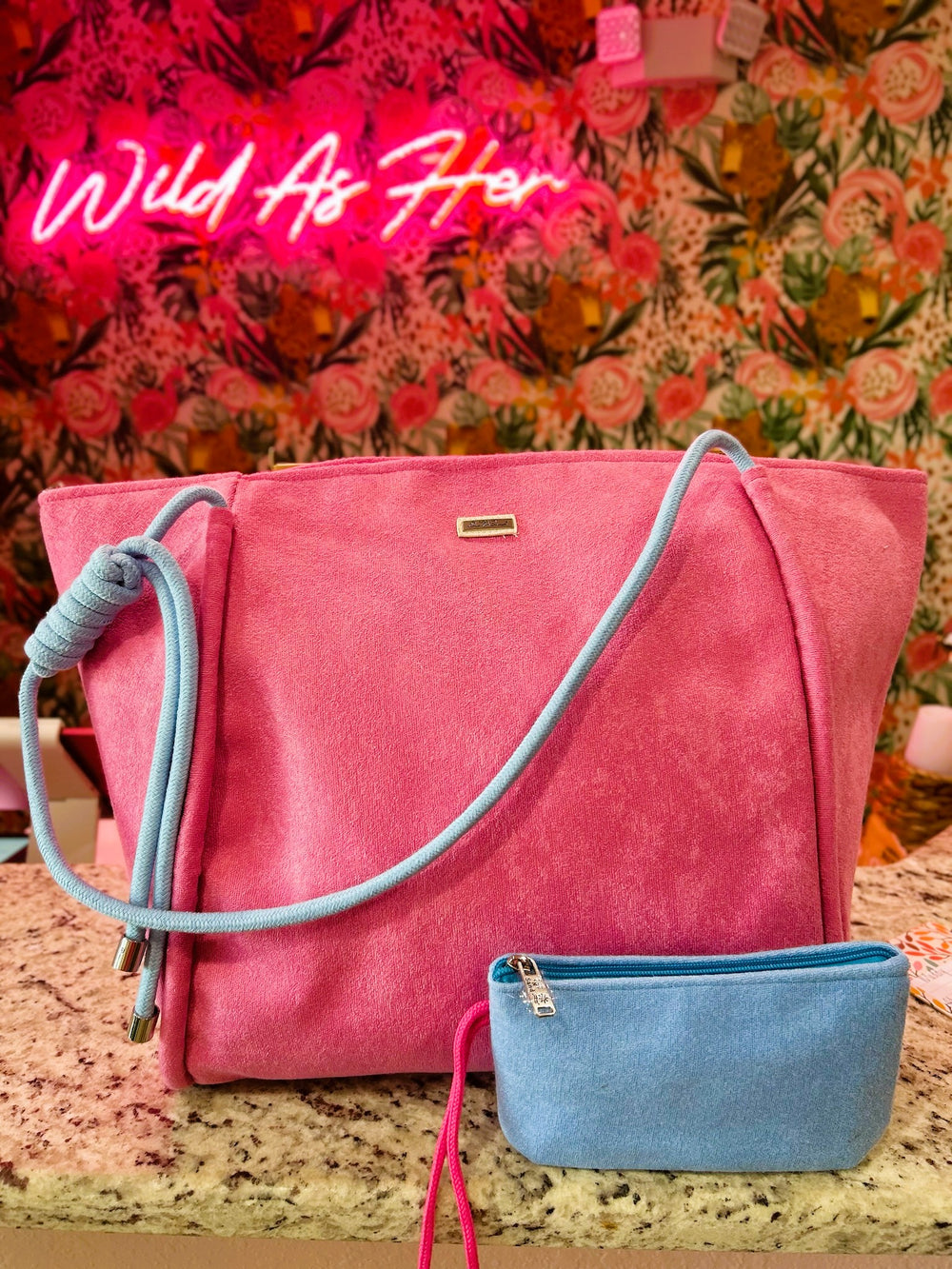 The Capri Bag – Pink Terry Cloth Tote with Blue Accents