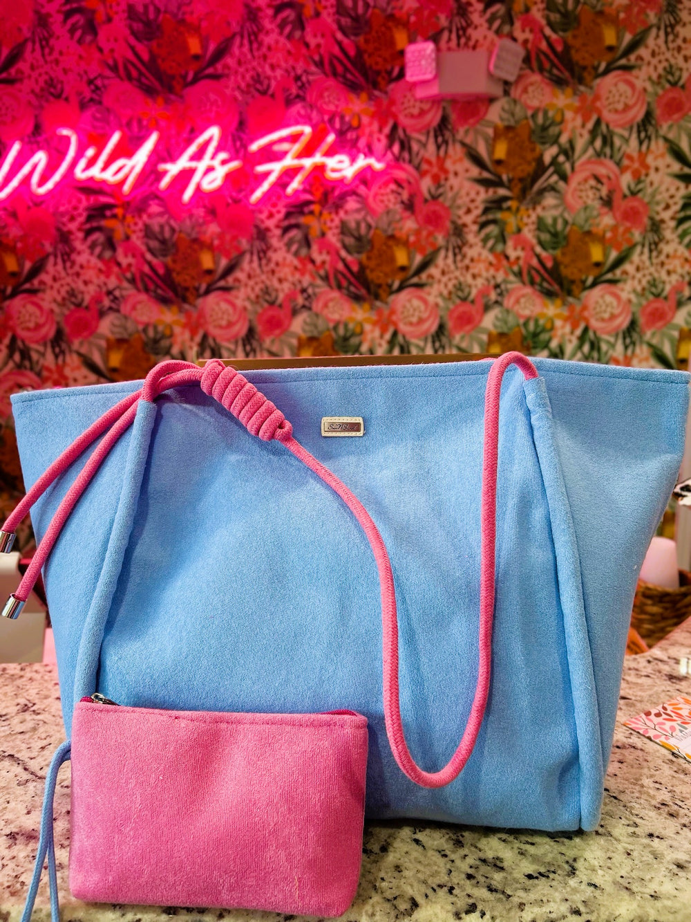 The Capri Bag – Blue Terry Cloth Tote with Pink Accents